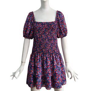 PARKER Flirty Floral Smocked Bodice Drop Waist Puff Sleeve 2 Tiered Mini Dress S